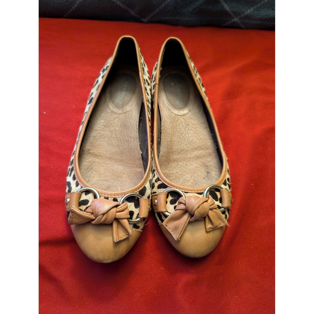 Sperry Top-Sider Leopard Print Calf Hair Ballet Flats Tan Leather Bow Womens 7